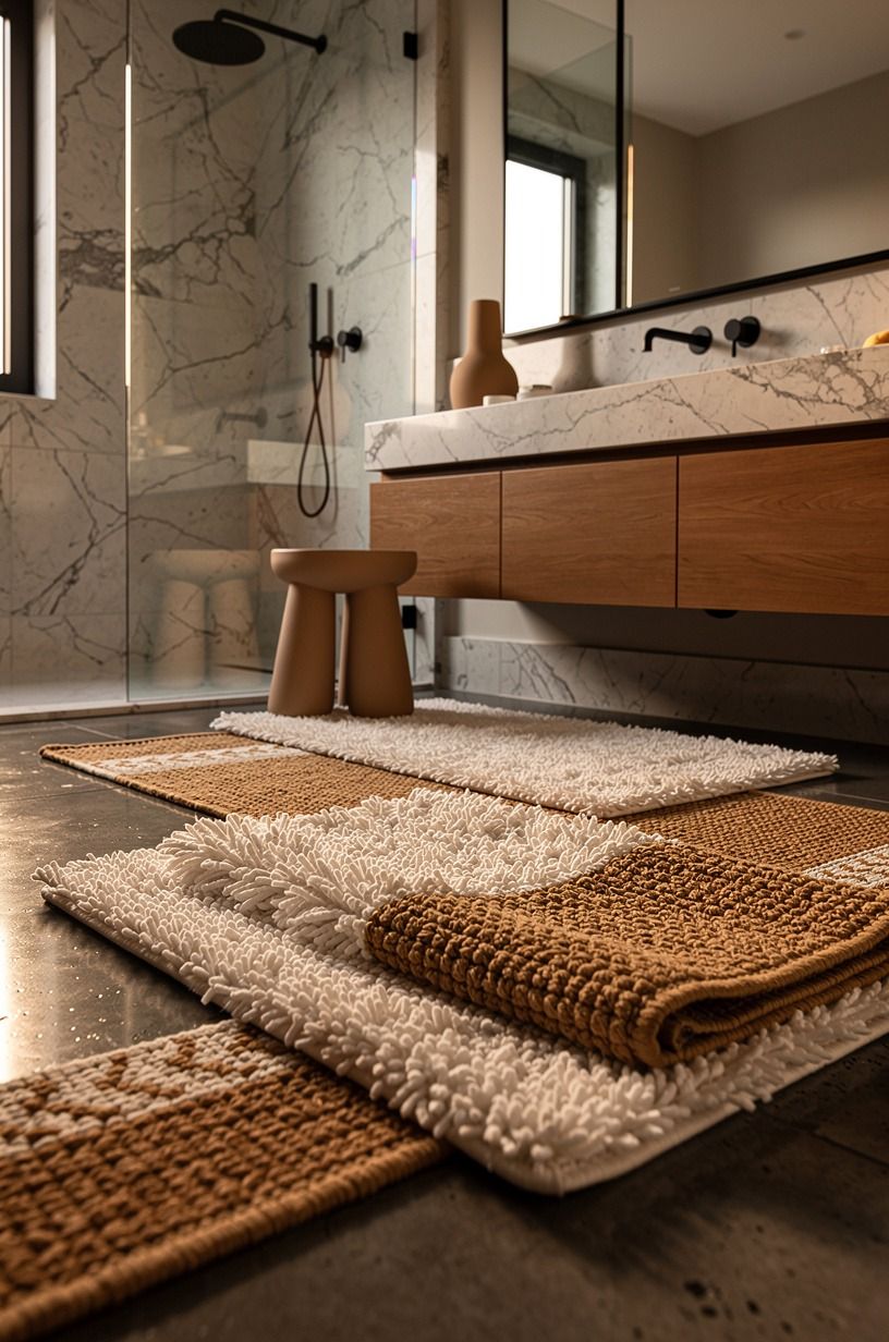 Layer a concrete bathroom floor with soft textiles