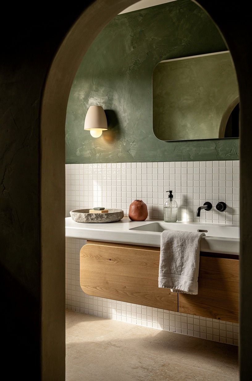 Layer a white zellige tile bathroom with one useful ledge