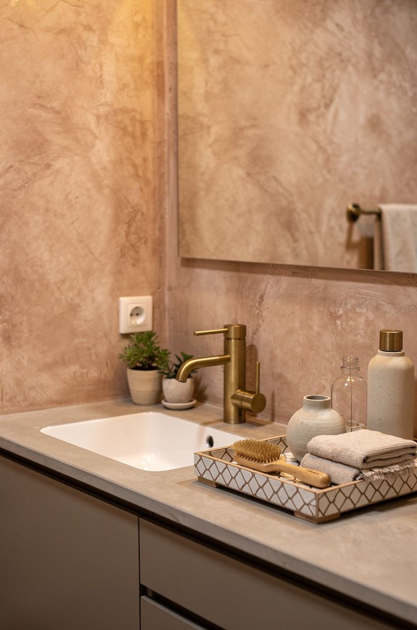 Layer a zellige-look tray beside the sink