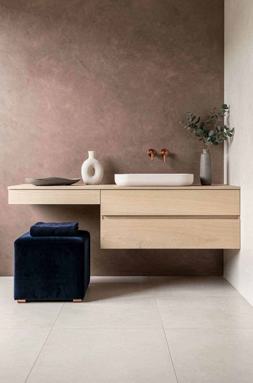 Layer brown Venetian plaster behind a pale oak vanity