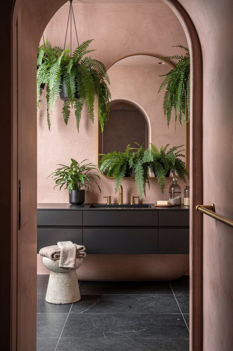 Let Boston Ferns Soften a Bright Bathroom