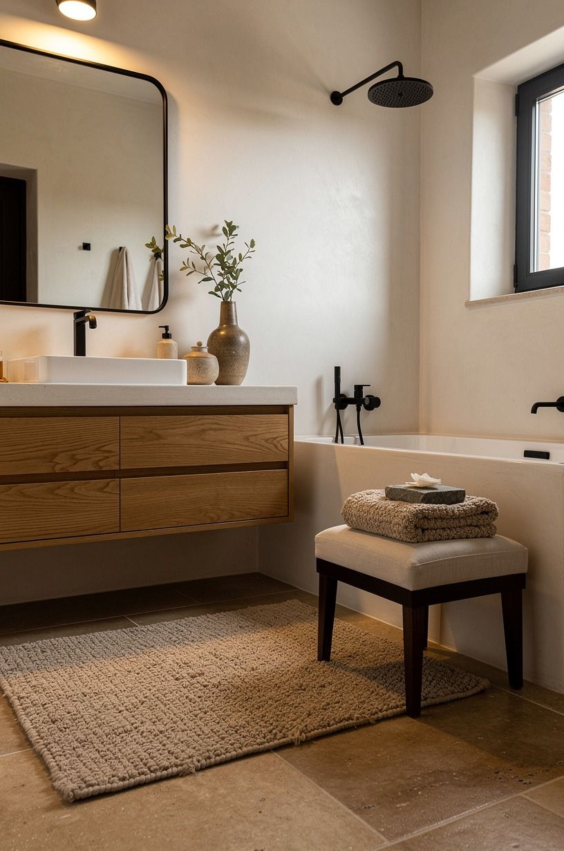 Let the Two-Wood Rule keep your tuscan bathroom grounded