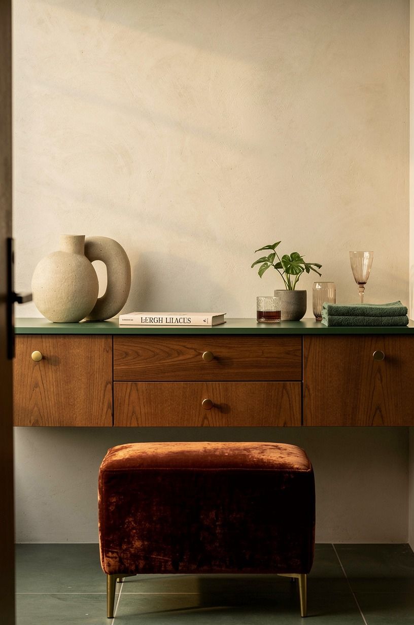 Let the vanity float over a pale plaster wall