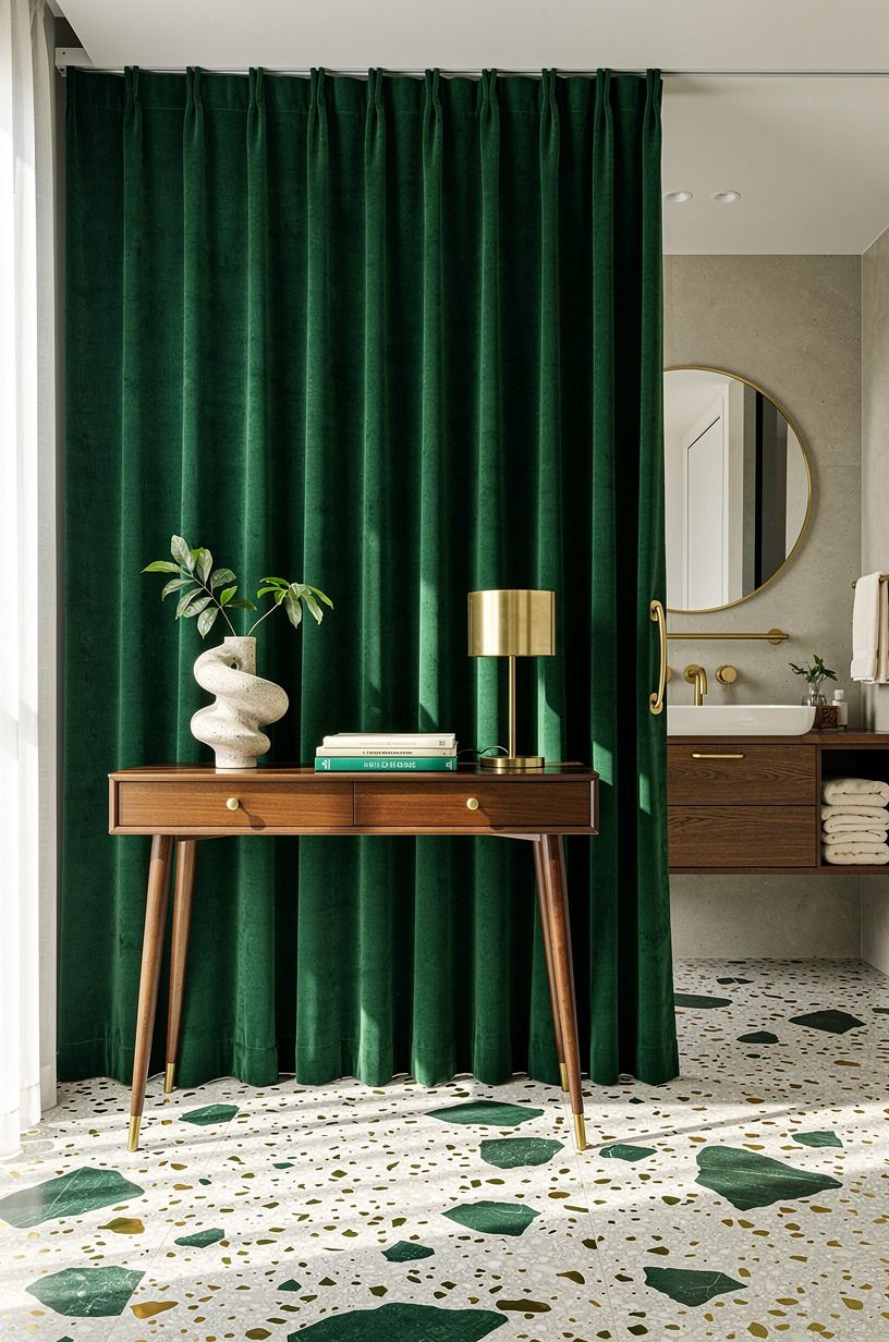 Make storage disappear behind a curtain panel