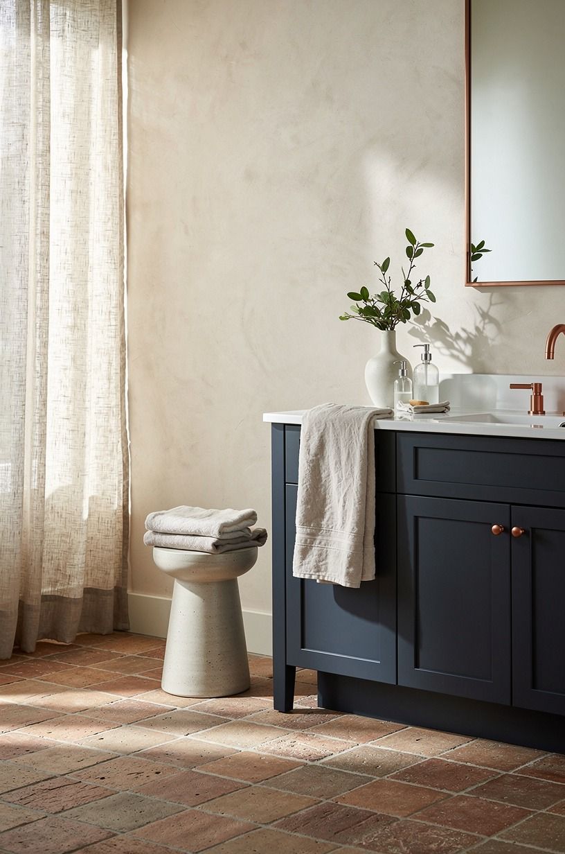 Mix indoor pavers with a quiet limewash wall