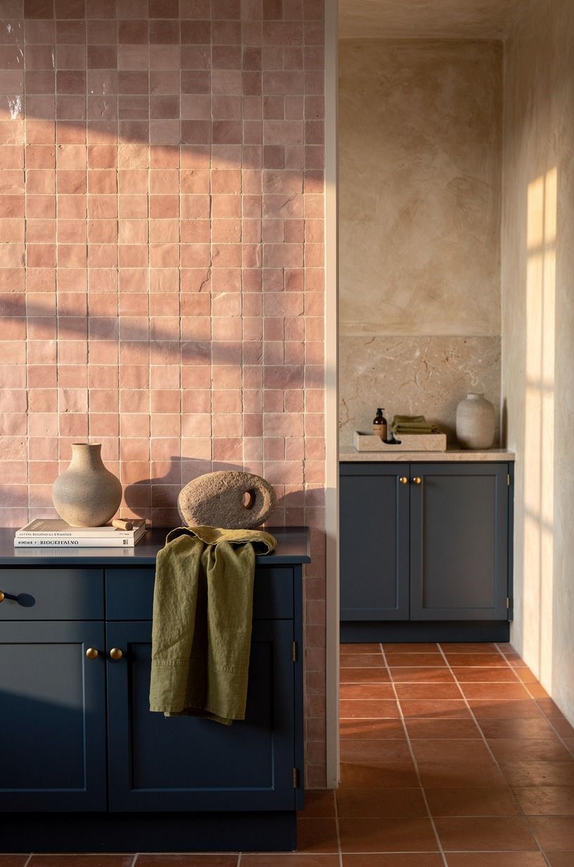 Mix pink zellige with a deep blue cabinet