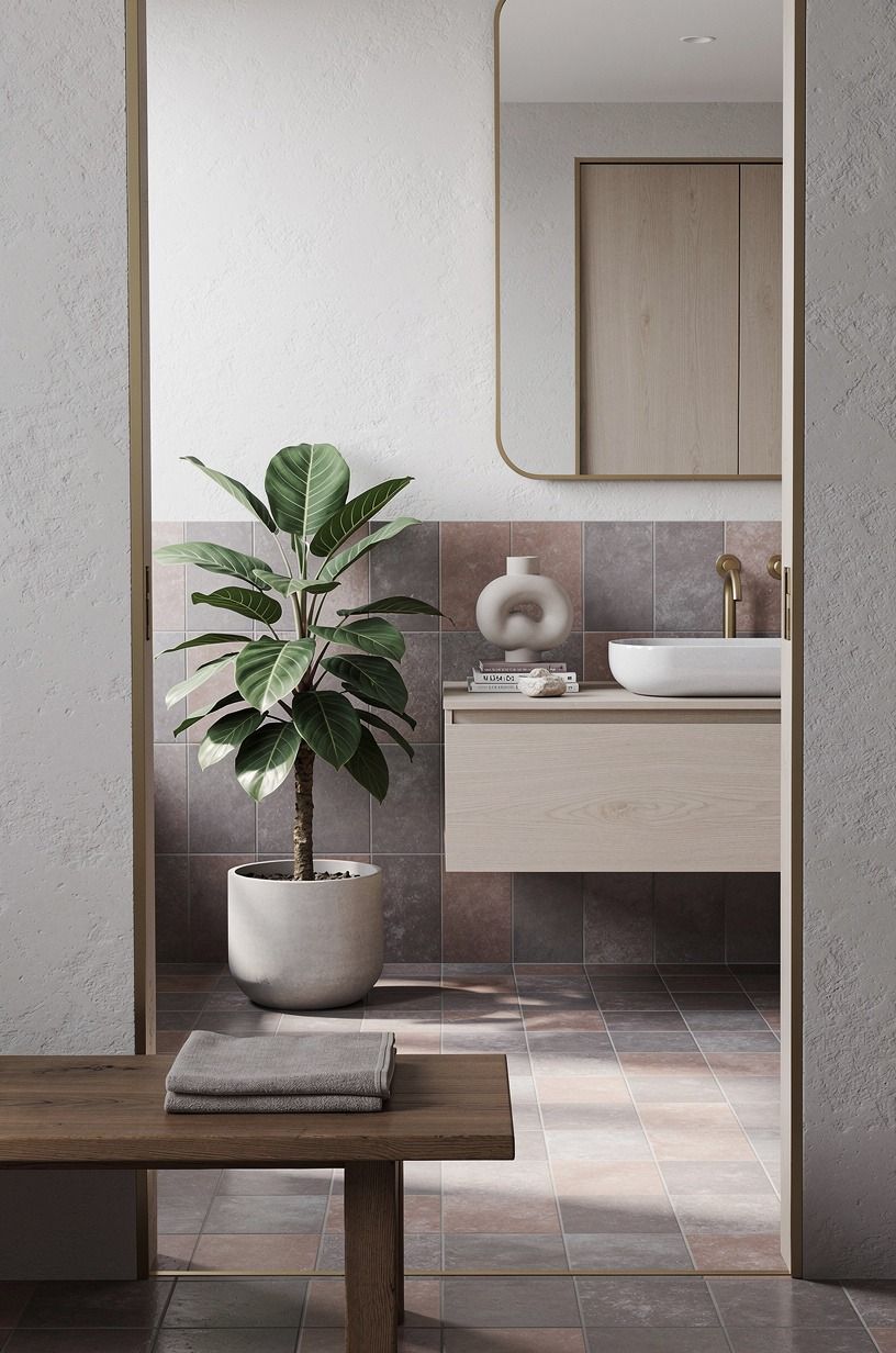 Pair Chinese evergreen with warm tile