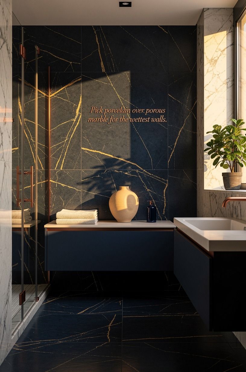 Pick porcelain over porous marble for the wettest walls