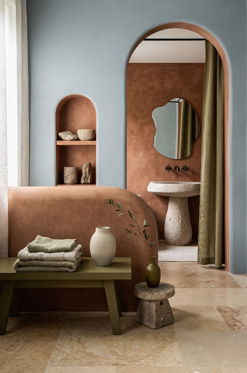 Put soft sea-salt blue against rust plaster