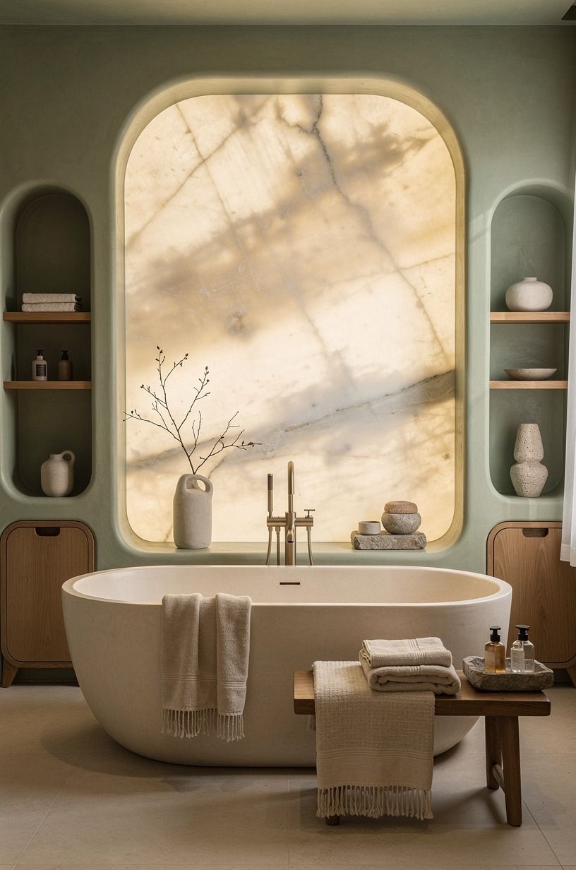 Skip cold white paint near a luxury spa bathroom with bathtub