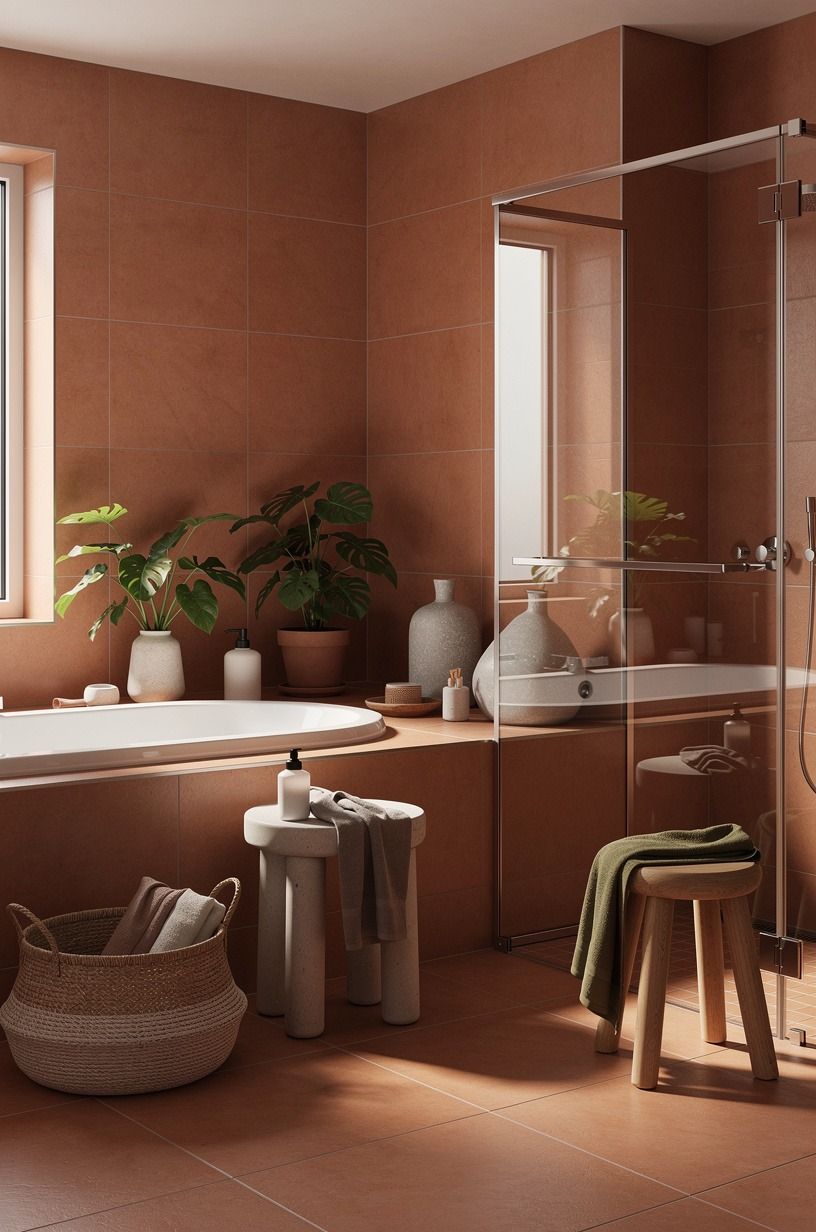 Skip glossy tile for an earthy terracotta bathroom floor