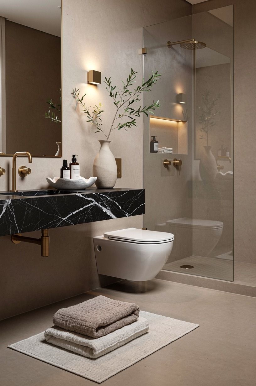 Skip polished stone for a soft bathroom floor