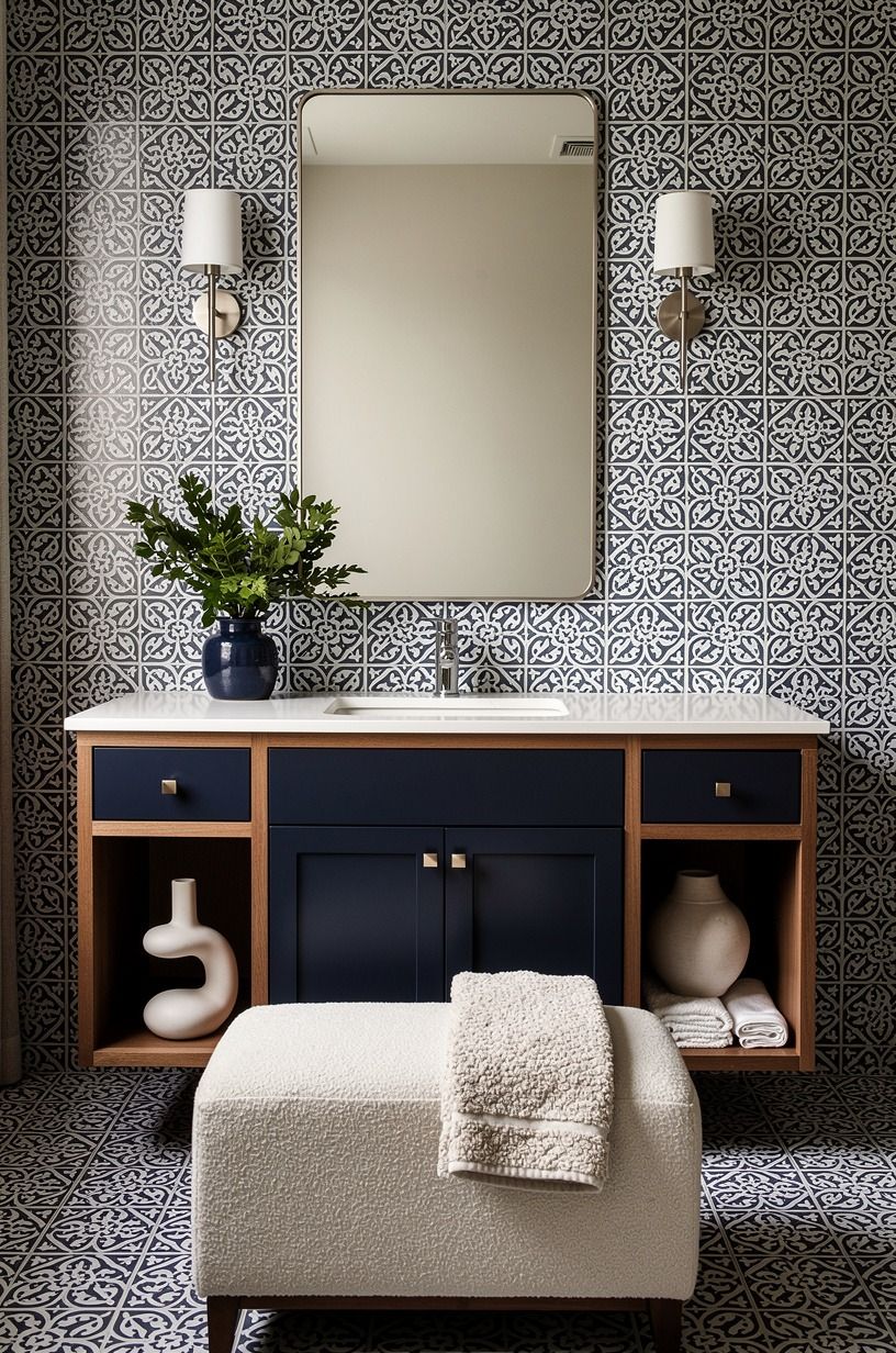 Spend on tile, save on the mirror and textiles