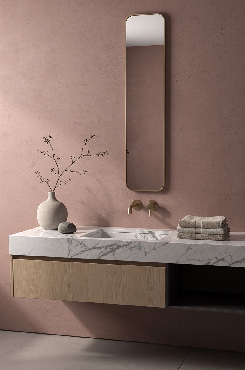 Start with a dusty rose plaster pink bathroom wall