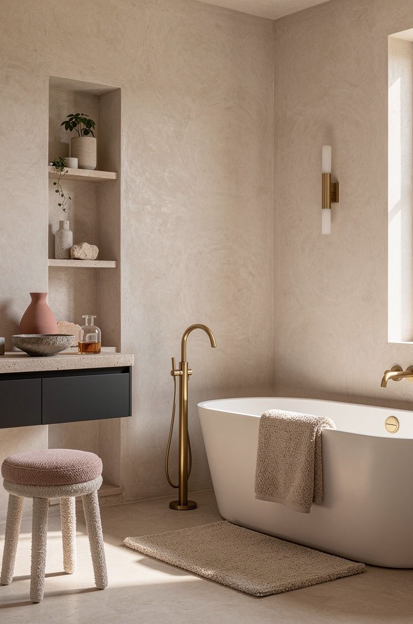 Start with a sand-wash beige bathroom aesthetic