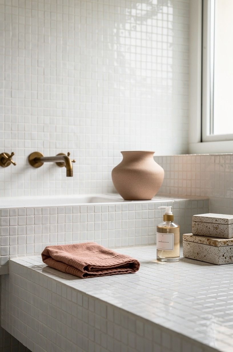 Start with the light you already have in a white zellige tile bathroom