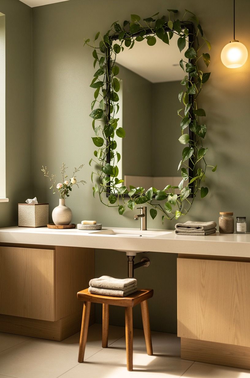 Trail Pothos Along a Mirror Frame (not the Faucet)