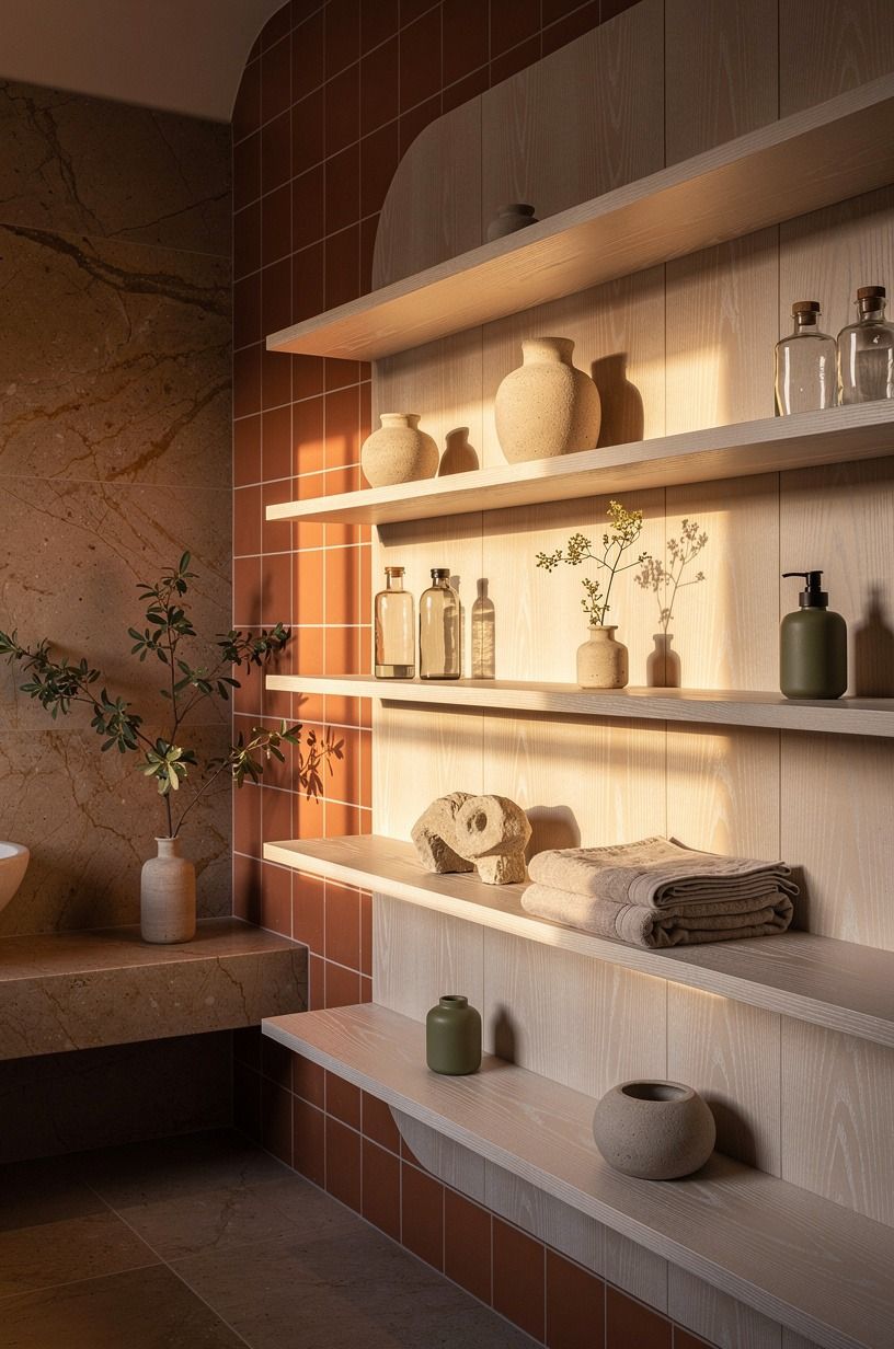 Try feature bathroom tiles behind open shelves