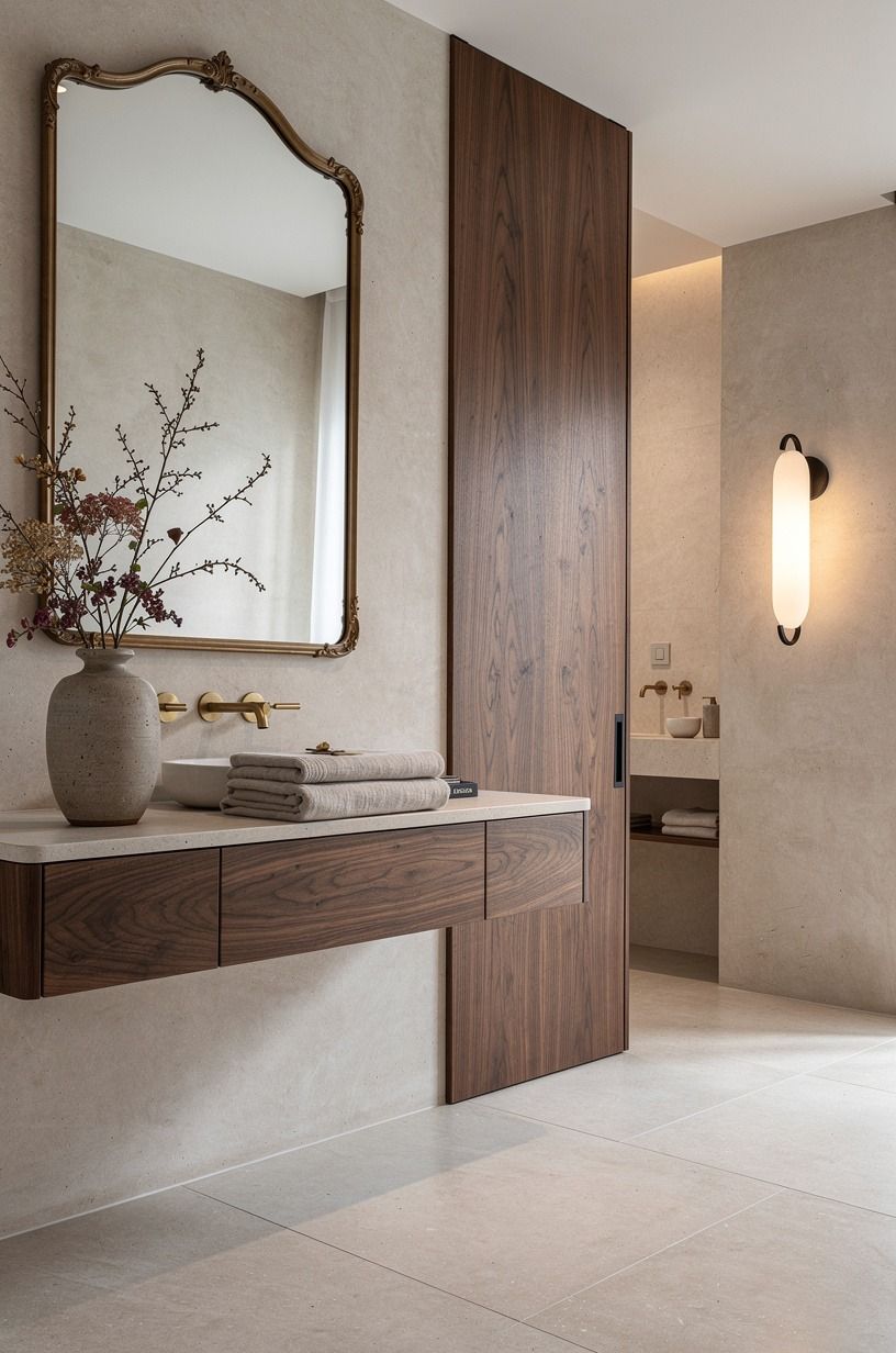 Try Light Stone Flooring With an Antique-Style Mirror