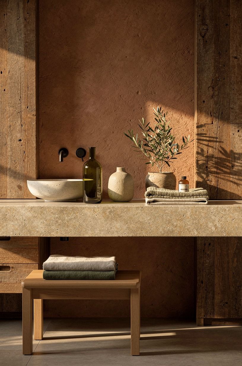 Try The Two-Wood Rule for an earthy bathroom