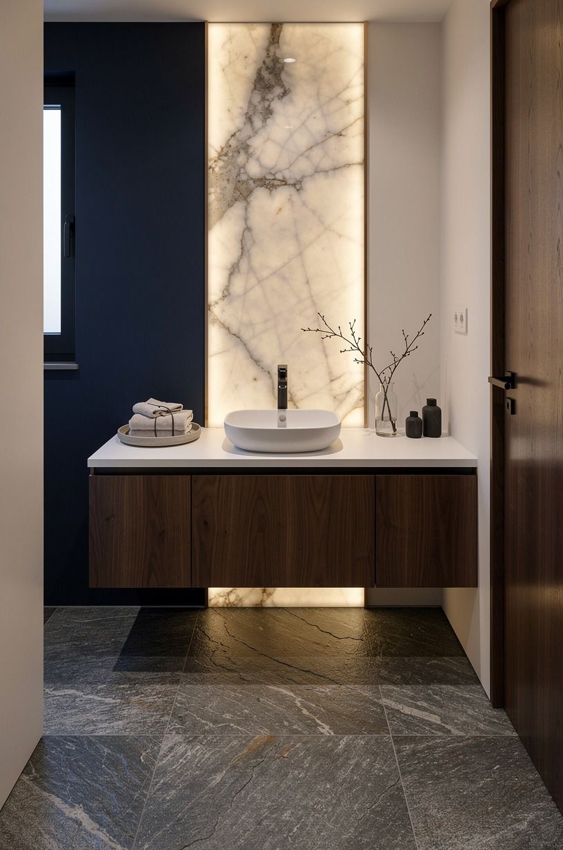Use a stone texture bathroom floor to cool the warmth