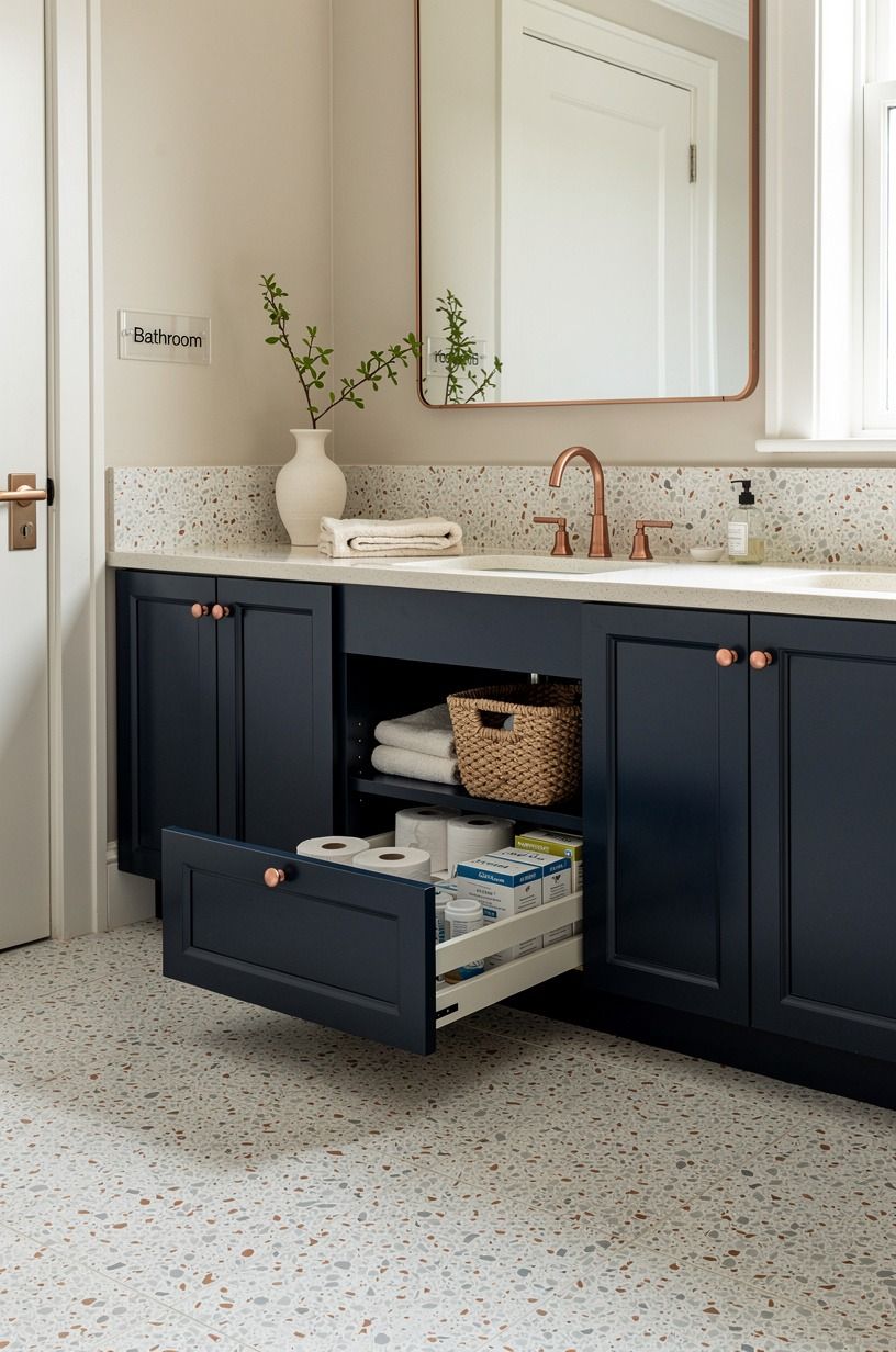 Use a toe-kick drawer for backup supplies