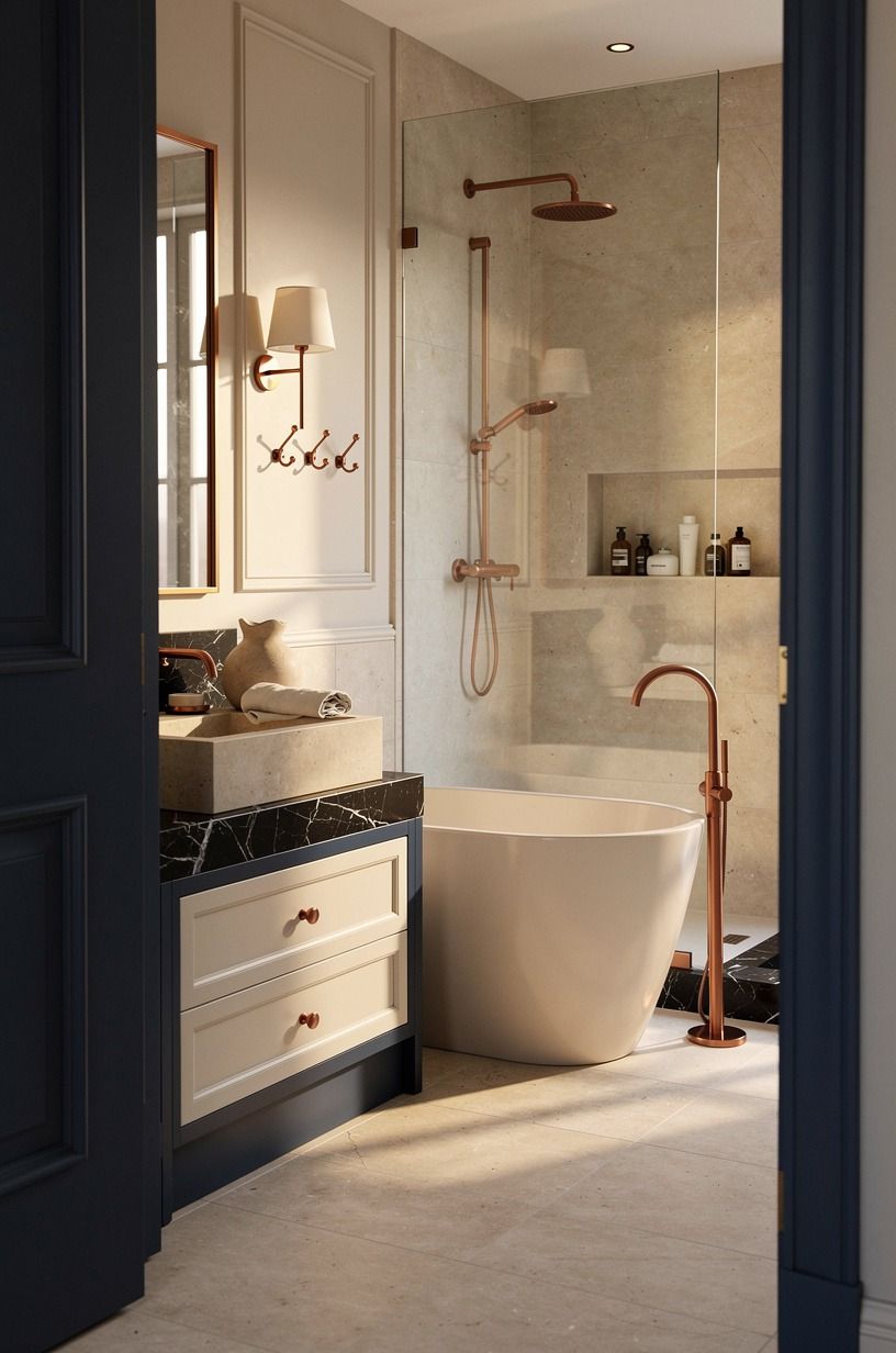 Use Limestone Over Busy Marble for a Warm White Bathroom Design