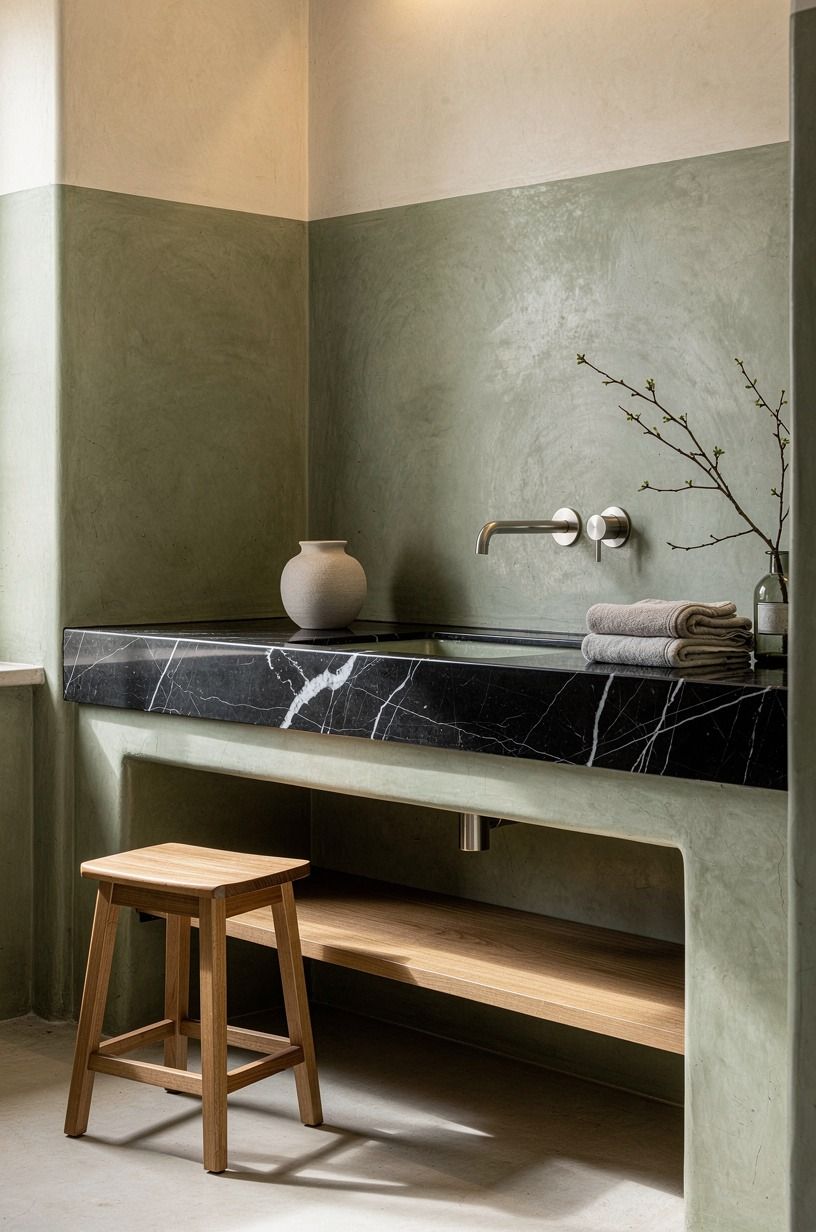 Use tadelakt on dry-adjacent walls for an organic finish