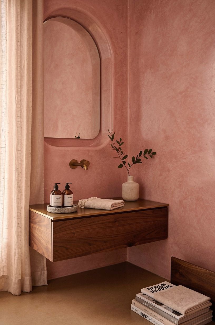 Frame the sink with a pink tadelakt bathroom shelf