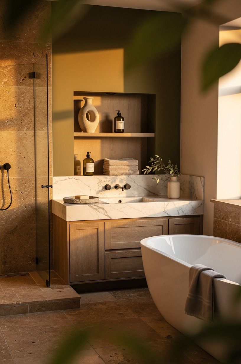 Why should an earthy bathroom keep one dark note?