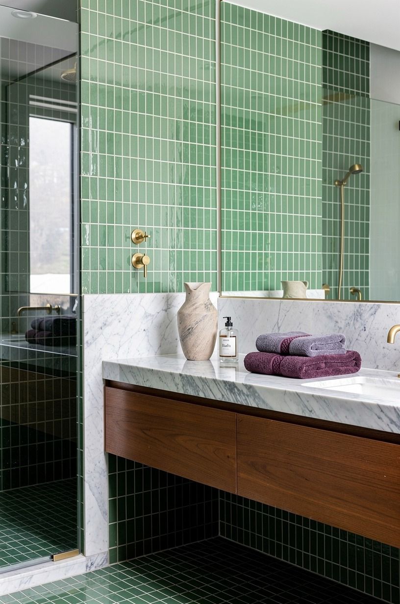 Wrap a green zellige tile shower in one uninterrupted field