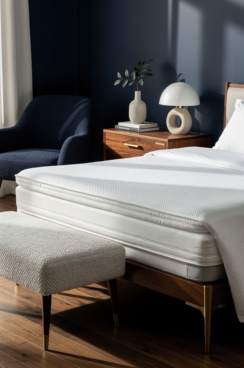 I added a Latex Mattress Topper only after living with the mattress, navy palette