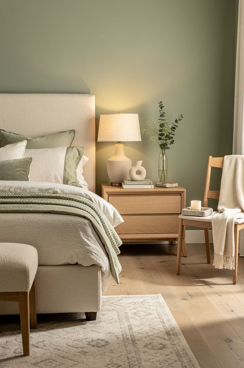 I built the sleep corner before touching the decor, sage green palette