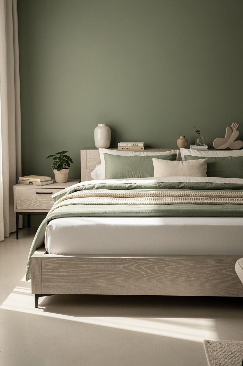 I chose a mattress that didn’t bring another smell into the room, sage green palette