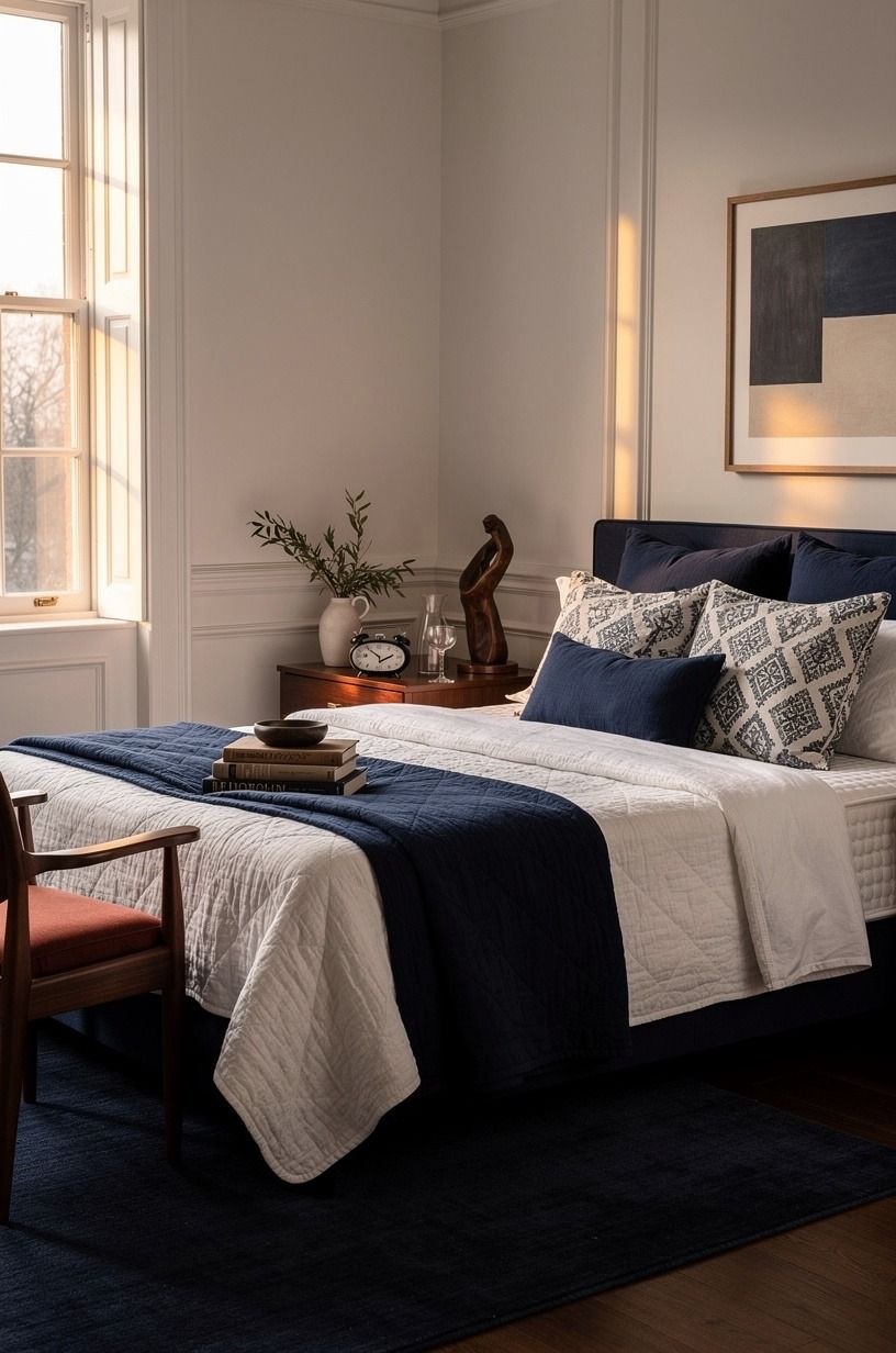 Navy and white bedroom with supportive latex mattress and quilted layers