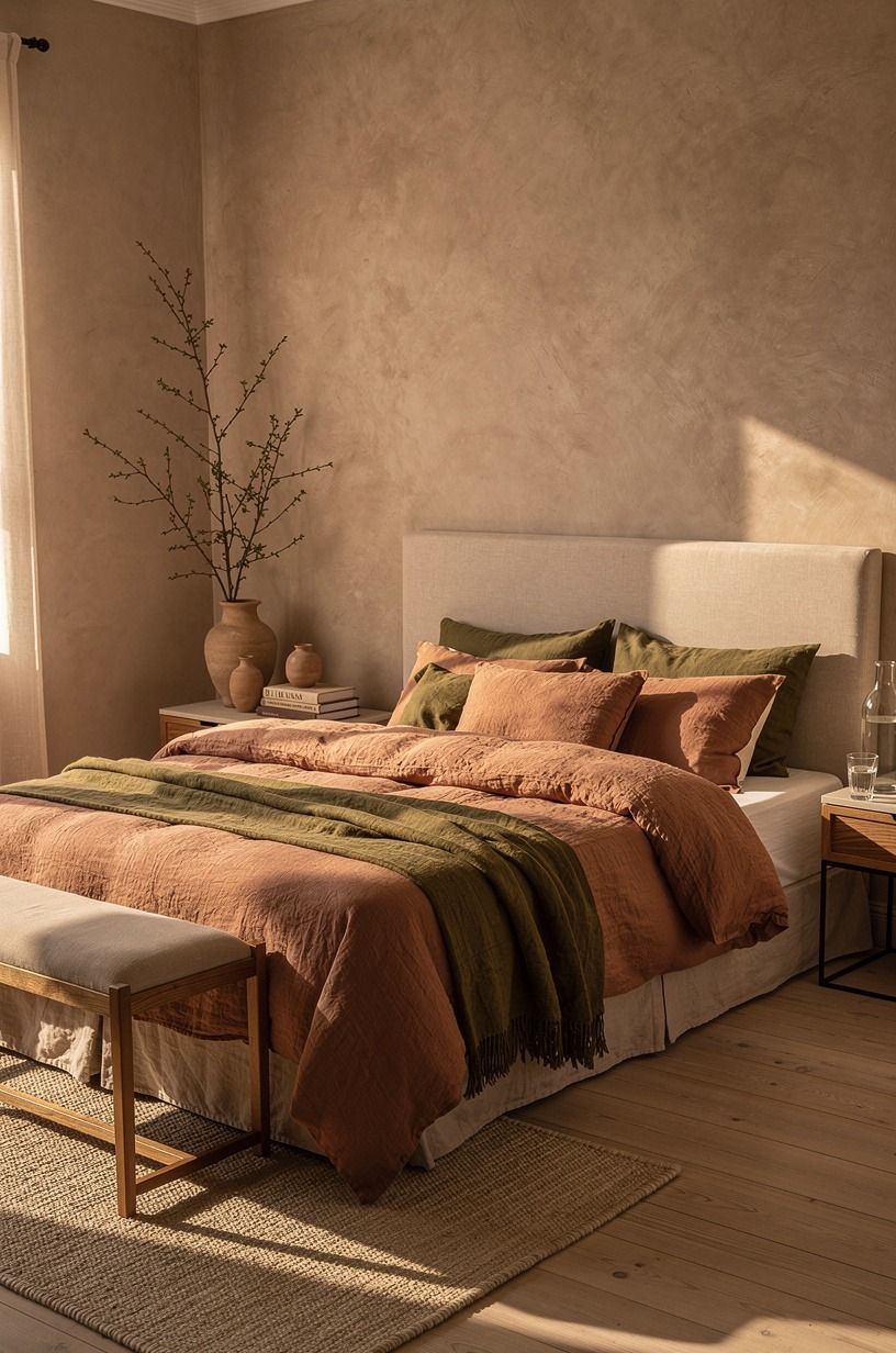 I chose sheets that didn’t make bedtime feel complicated, terracotta palette