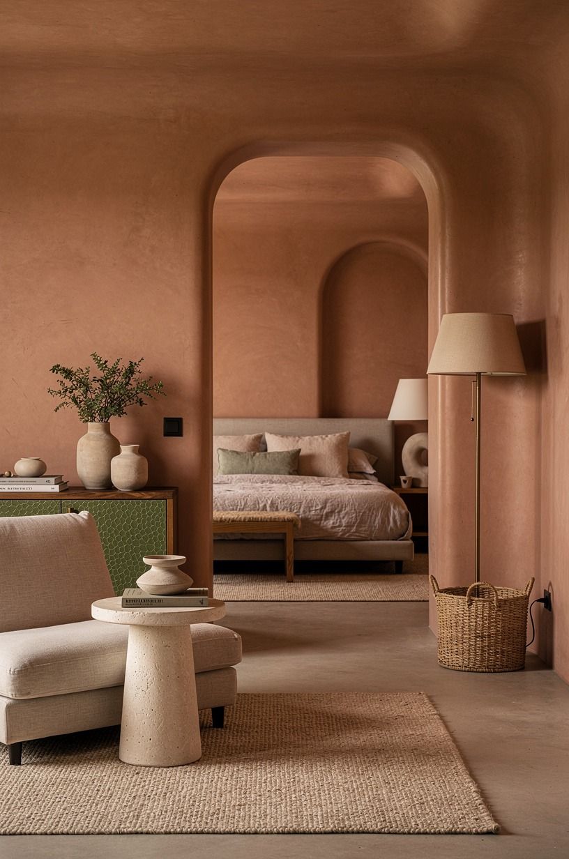 I chose warm light over “spa” decorations, terracotta palette