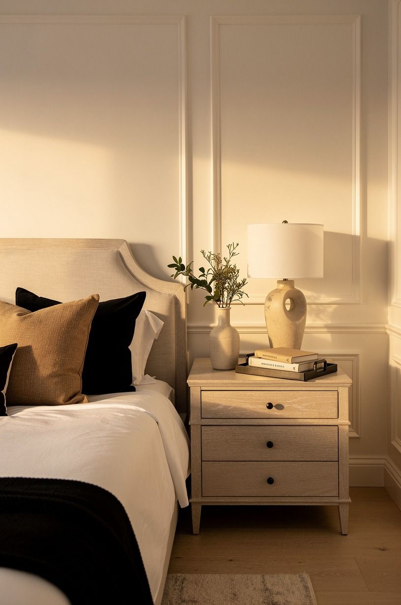 I fixed the pillow situation with one quieter choice, warm white palette