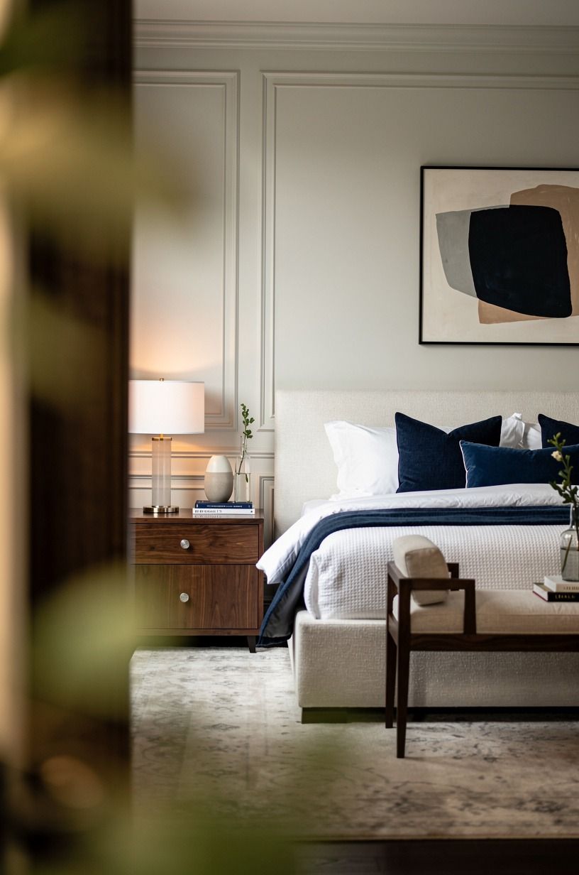 I gave the room a calmer backdrop, navy palette
