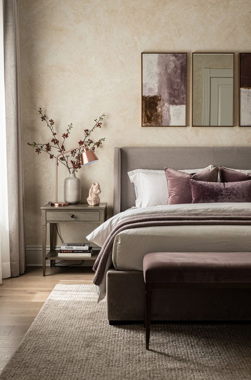 I gave the white walls a warmer job, plum palette