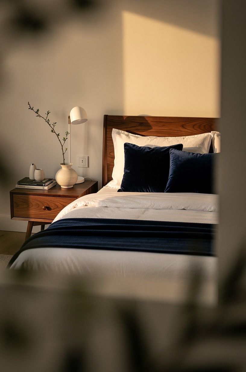 I kept the pillows useful, not decorative, navy palette