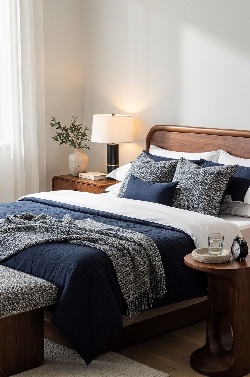 I layered bedding that felt good in real life, navy palette