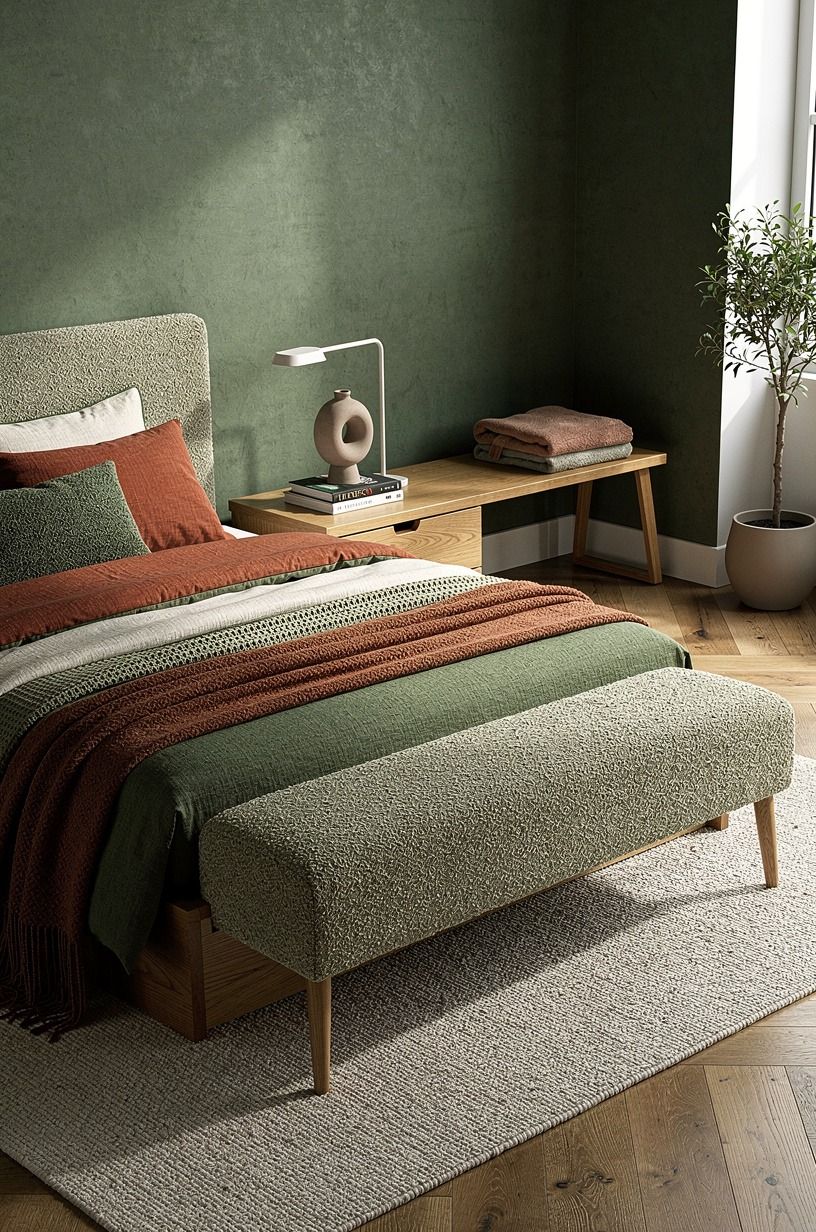 I layered the bed slowly, then stopped, forest green palette