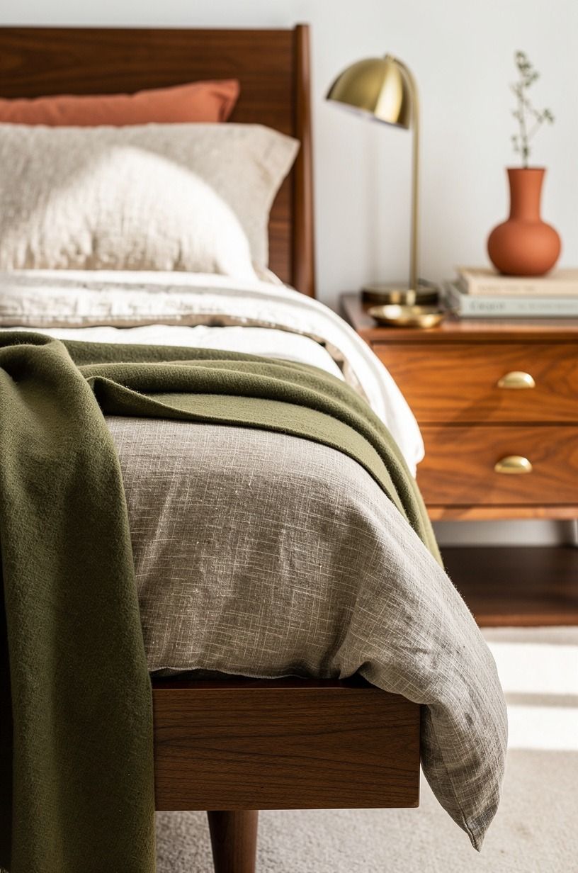 I Let the Bedding Soften the Wood, terracotta palette