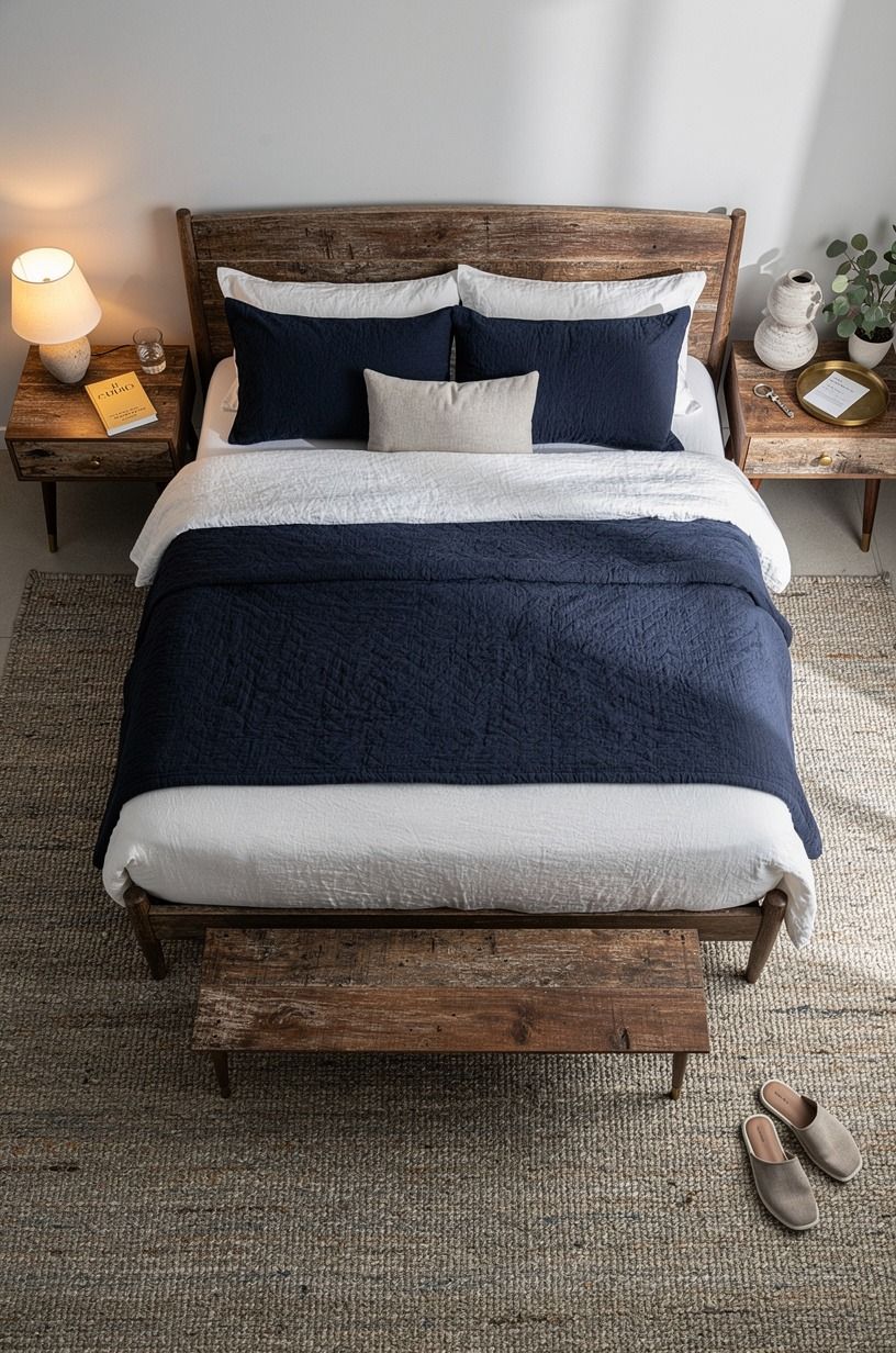 I made the bed feel like a place I wanted to return to, navy palette