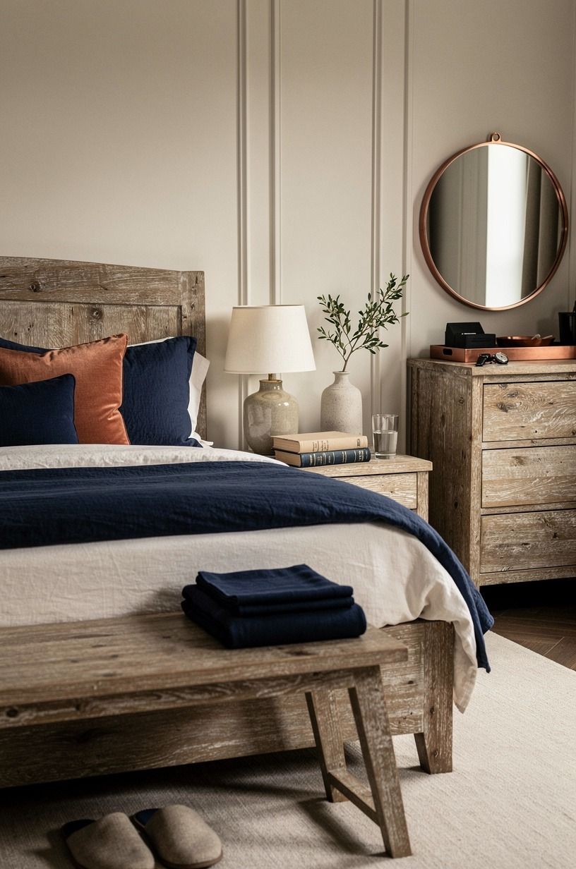 I made the bed feel like a place, not a display, midnight blue palette