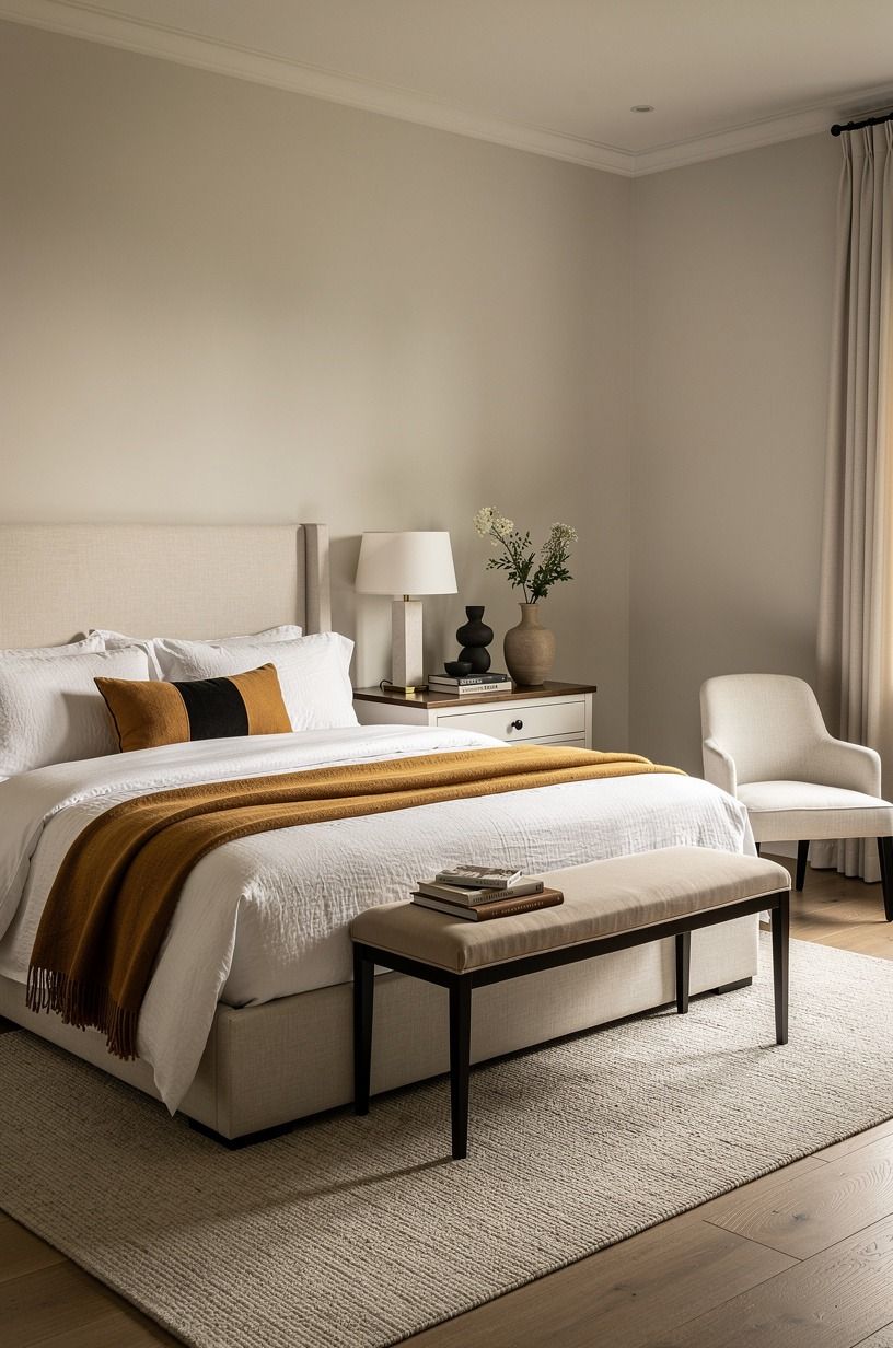 I made the bed inviting, not overstuffed, warm white palette