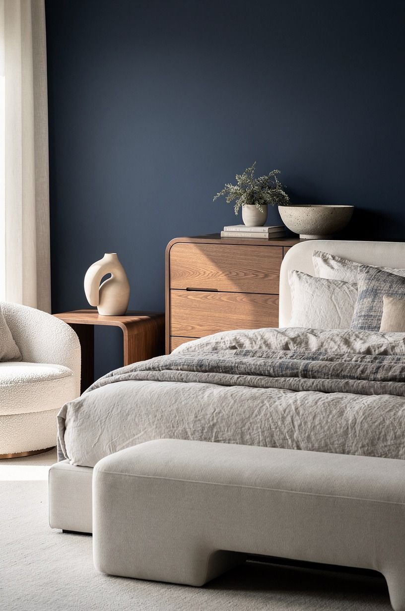 I made the bed the whole point of the sanctuary bedroom, midnight blue palette