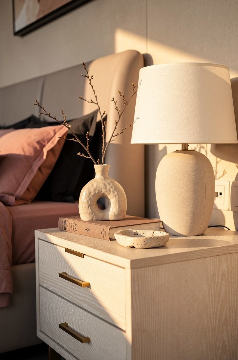 I made the nightstand earn its place, dusty rose palette