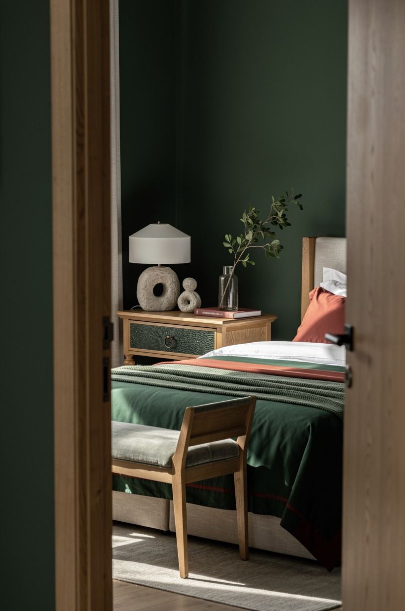 Bedroom with warm plaster wall and dust-collecting fabric layers before the allergy makeover